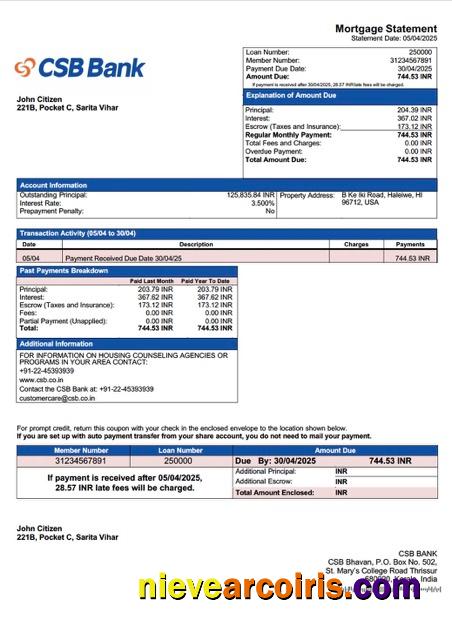 India CSB Bank mortgage statement Word and PDF template